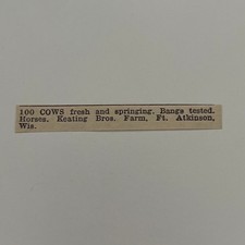 Keating Bros. Farm Cows Fresh Ft. Atkinson WI 1940 Racine WI Clipping SAH5-S35 picture