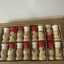 Never used Vintage Wood Anthropomorphic Miniature Salt Pepper Shakers picture