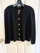 St. John Basics Black Santana Knit Jacket Gold Crest Buttons Size M picture