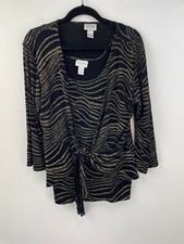 Chicos Travelers 3 Cardigan Sweater Slinky Twinset Tie Waist 3/4 Slv Gold A26-03 picture