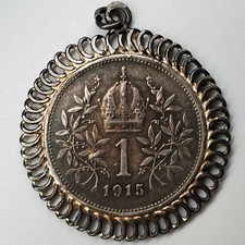 1915 Austria-Hungary Corona Franz Joseph I Coin Pendant 800 Silver WWI Original picture