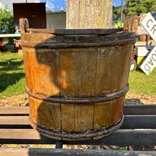 Very Old Rustic Wooden Bucket/Pail with Metal Handle and Metal Bands picture