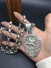 Vintage Lion Crest Necklace Antique Silver Byzantine Chain Men Biker Jewelry picture