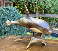 Vintage Hand Carved, Wooden whale Sculpture,signed picture