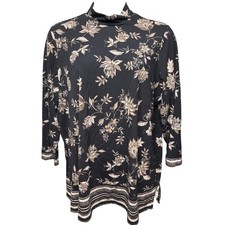 SUSAN GRAVER Womens Black Floral Tunic Top 2X Mock Neck Boho-Chic Modest Office picture