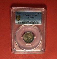 CYPRUS-1955-UNCIRCULATED 3 MILS . COIN,GRADED BY PCGS MS65 BN…GREAT COIN. picture
