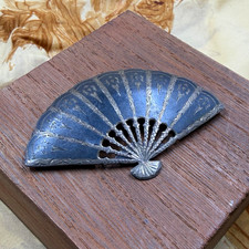 Vintage Siam Sterling Silver Niello Fan Brooch Pin, Thai Mid Century Art Deco picture