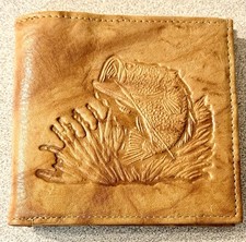 VTG Genuine Leather Bifold Wallet Embossed Bass Fish Fishing Outdoors NOS picture