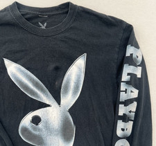 Playboy Bunny Logo Shirt Medium Black Long Sleeve Spellout 100% Cotton picture