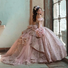 Pink Quinceanera Dress with Bow Off Shoulder Sweet 15 16 Party Formal Ball Gown picture