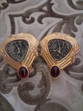 Vtg Linda Levinson Statement Goldtone Roman Coin Earrings Clip picture