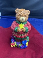 Vintage Porcelain Teddy Bear Hinged Trinket Box holding Star 1998 signed 8” picture