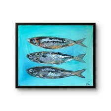 Original Acrylic 16x20 Realist Three Sardines Fish Painting Signed Art On Canvas picture