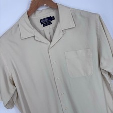 VTG 90s Polo Ralph Lauren Caldwell Camp Shirt Mens L Tan Silk Cotton Loop Collar picture