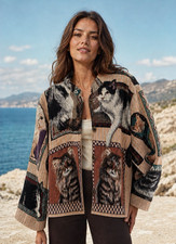 Vtg Cat Tapestry Jacket Artsy Novelty Boho Sugar Street Weavers Pockets Sz OSFM picture