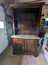 Wooden Hutch with Marble Top Drawer and Cabinet Vintage picture