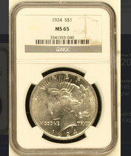 :1924-P 1$ SILVER PEACE DOLLAR BLAST-WHITE NGC GEM-BU MS-65 HIGHEST-GRADES picture