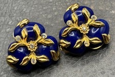 Vintage Joan Rivers Blue Glass Flower Rhinestone Clip On Earrings Gold Tone picture