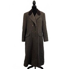 Vintage 1960’s Brown Wool Herringbone Double Breasted Long Winter Dress Coat picture