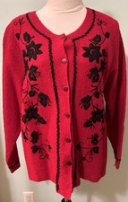 Wool Natural Cardigan Sweater Vintage Quality Crafted Red Floral Granny Fall  picture