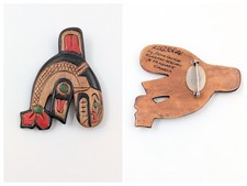 Artie George Signed Killer Whale Brooch Carved Yellow Cedar Salish First Nations picture