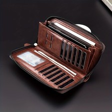 Cartera Larga Con Cremallera De Hombre Billetera De Cuero Bloqueo RFID Tarjetero picture