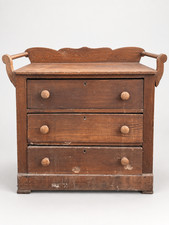 Antique Wood 3-Drawer Dresser Chest Primitive Scalloped Back Twisted Handles picture