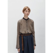 Pas de Calais 36 Brown Stripe Mandarin Collar Blouse Cotton picture