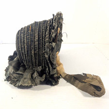 Antique (1850's) Grey Drawn Silk Bonnet with Makers Pin Still in Ruffles picture