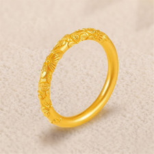 Pure 999 24K Yellow Gold Band Women Lucky Cherry Flower Ring Us Size:4-9 picture