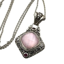 Sarda Pink & Red Gemstone Sterling Silver Pendant Necklace 16 Grams 17 Inch Chai picture