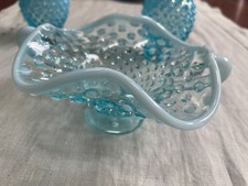 VTG Fenton Glass Blue Opalescent Hobnail Double Handle Bon Bon Candy Dish picture