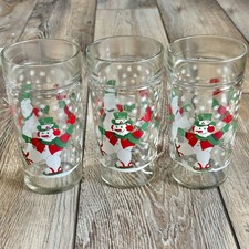 Vtg Anchor Hocking Skating Snowman Christmas Holiday Drinking Glasses Lot Of 3 picture