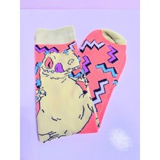 Nickelodeon OS Reptar Crew Socks Orange Rugrats 90s Cartoon Dinosaur Zig Zag picture