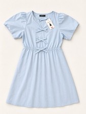 NWT ZESICA Light Blue Bow Front Puff Sleeve Dress Size M with pockets picture