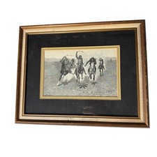 Vintage 1889 Frederic Remington Indian Horse Race Wood Engraving Framed Art picture