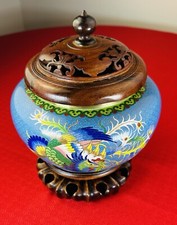 VTG Chinese Cloisonne Vase Collectible Retro Asian Decor Rosewood Base picture