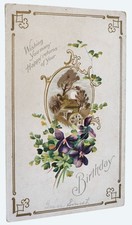 Antique 1910 Embossed Birthday Postcard With Gold Detailing & Purple Violets picture