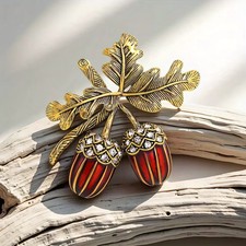 Vintage Rhinestone Acorn Brooch – Gold Autumn Leaf Pin, Fall Nature Jewelry Gift picture