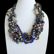 Massive Multi Strand Statement Bib Necklace Crystal Rhinestone Blue Purple Gray picture