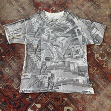 Vintage 1990s MC Escher All Over Graphic Stairs Tee Black & White Tshirt Worn L picture
