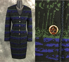 BEAUTIFUL St John collection knit blue black green multi jacket skirt suit 2 picture