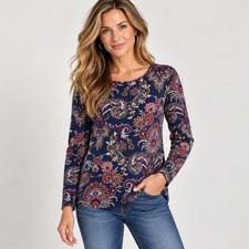 T by Talbots Womens Teal Paisley Long Sleeve Crew Neck Stretch Top large Boho picture