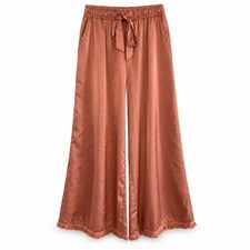 Three Bird Nest Size L Terracotta Satin Wide Leg Palazzo Pants Fringe Hem Boho picture