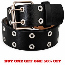 Men's Women's Leather Two Rows Silver Grommet Double Holes Black Belt All Sizes picture