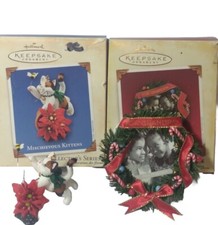 2 Hallmark CHRISTMAS ORNAMENTS IOB Mischevious Kittens & Grandpa Wreath  Magnet picture