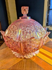 Vintage Fenton Pink Iridescent Carnival Glass Daisy And Button Covered Dish Rare picture