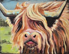 Sophie Dare Original Art 11X14 Acrylic on canvas Scottish Highland Cow OUTLANDER picture