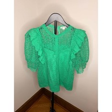 Ultra Pink Women’s M Emerald Green Crochet Lace Ruffle Puff Sleeve Blouse picture
