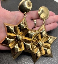 HUGE 5” Vintage 80s True Runway Star Flower Drop Statement Earrings Gold Tone picture